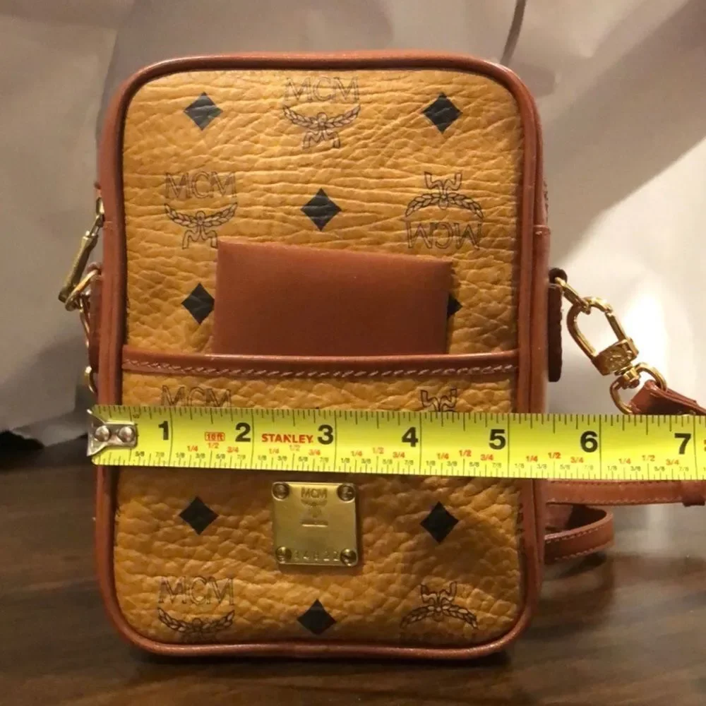 MCM Visetos Cognac Monogram Camera Messenger Bag Leather Lined Mirror EUC RARE